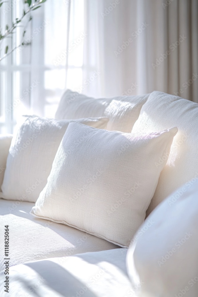 Vibrant and cozy living room setting with plush couch and decorative pillows bathed in sunlight. Vibrant and cozy living room setting with plush couch and decorative pillows bathed in sunlight.