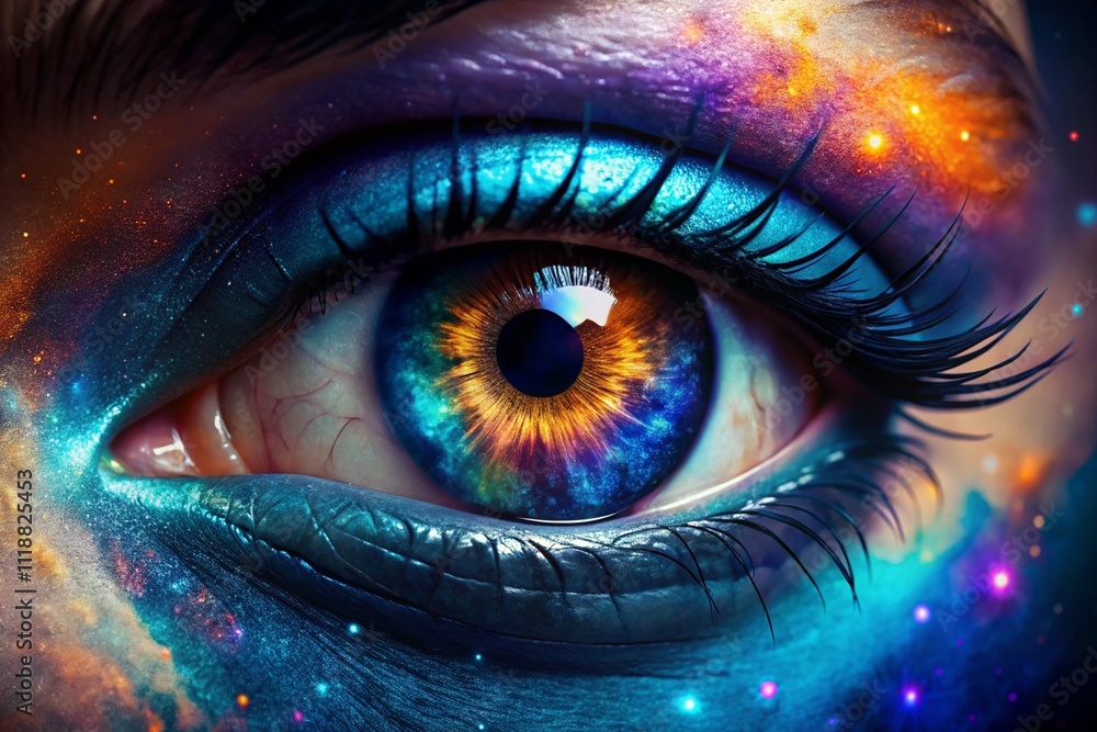 A vivid close-up of a human eye with a glowing, multicolored iris surrounded by cosmic patterns of stars and nebulae. The surreal design represents imagination, vision, and the universe's mysteries. A vivid close-up of a human eye with a glowing, multicolored iris surrounded by cosmic patterns of stars and nebulae. The surreal design represents imagination, vision, and the universe's mysteries.