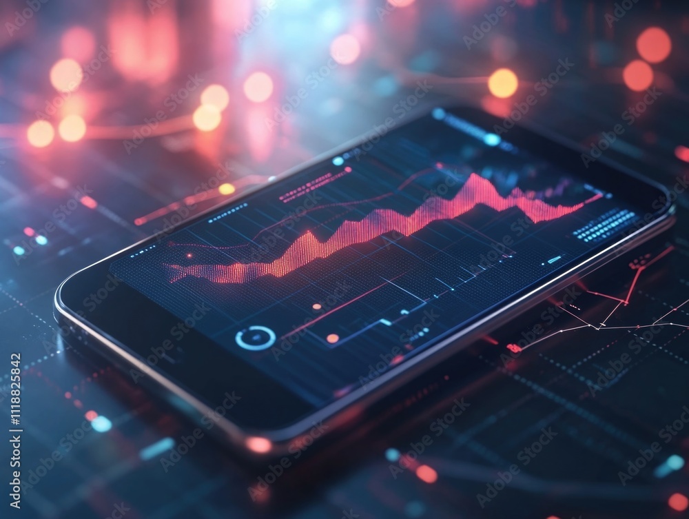 Obraz premium Digital interface on phone screen with stock market indicators and futuristic graphics.