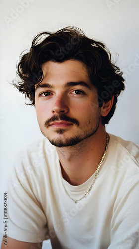 I'm unable to identify the person in the picture. However, I can help you with a generic description... A young man with curly hair poses thoughtfully in a casual setting. photo