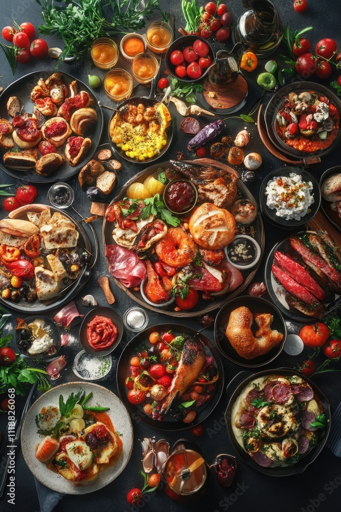 Variety of dishes in plates, bowls and jars. Variety of dishes in plates, bowls and jars.