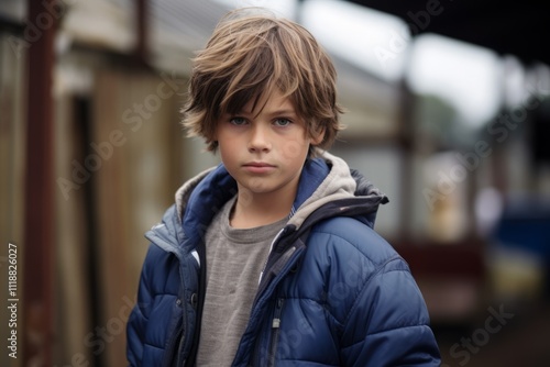 Portrait of a boy in a blue down jacket on the street