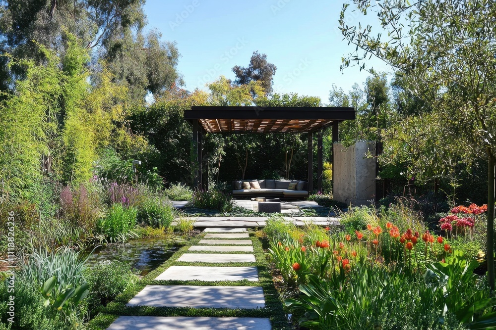 Tranquil Garden with Modern Structure Tranquil Garden with Modern Structure