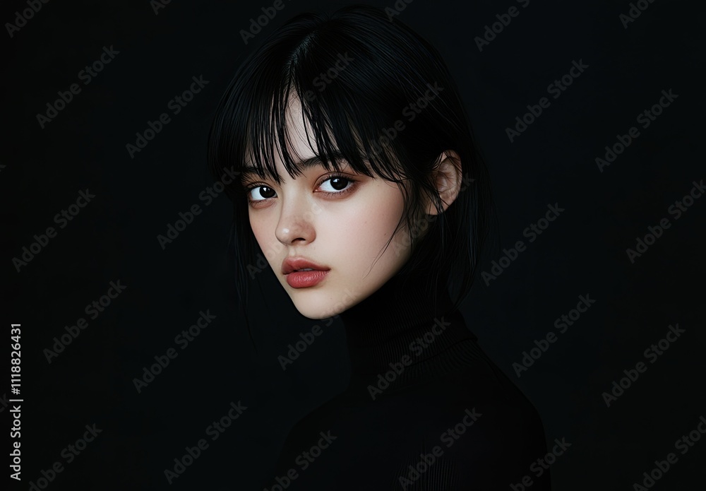 Raw and Minimal: Portrait of a Young Woman in Darkness with Black Hair and Turtleneck Raw and Minimal: Portrait of a Young Woman in Darkness with Black Hair and Turtleneck