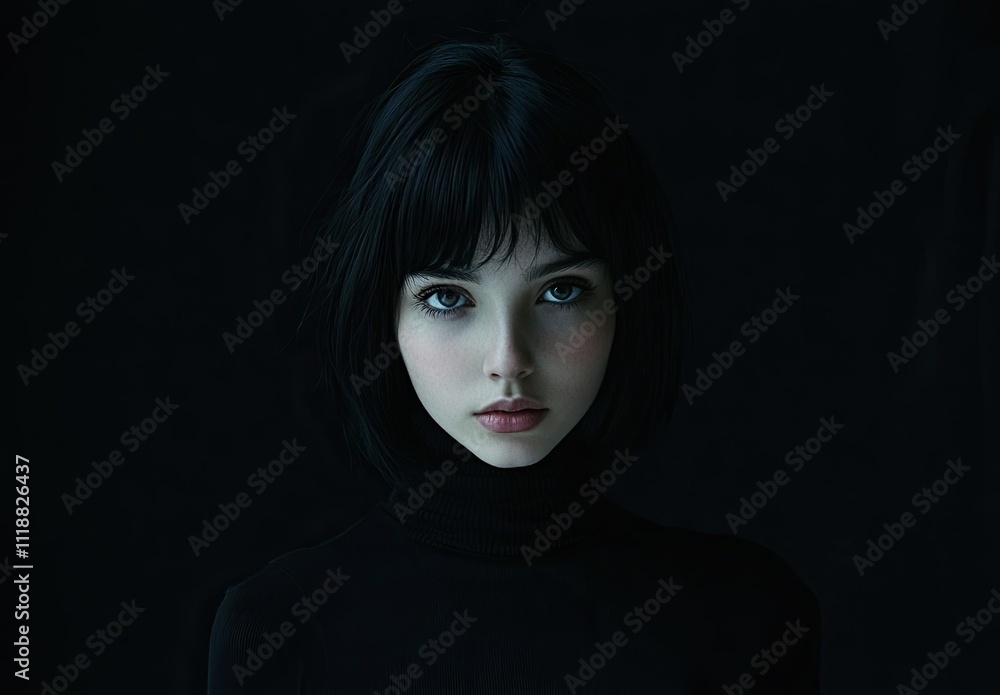 Raw and Minimal: Portrait of a Young Woman in Darkness with Black Hair and Turtleneck Raw and Minimal: Portrait of a Young Woman in Darkness with Black Hair and Turtleneck