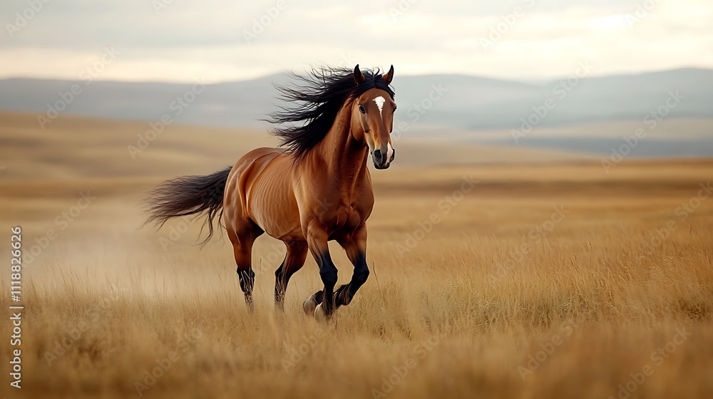 Fototapeta premium Majestic chestnut horse gallops across golden field under a cloudy sky.