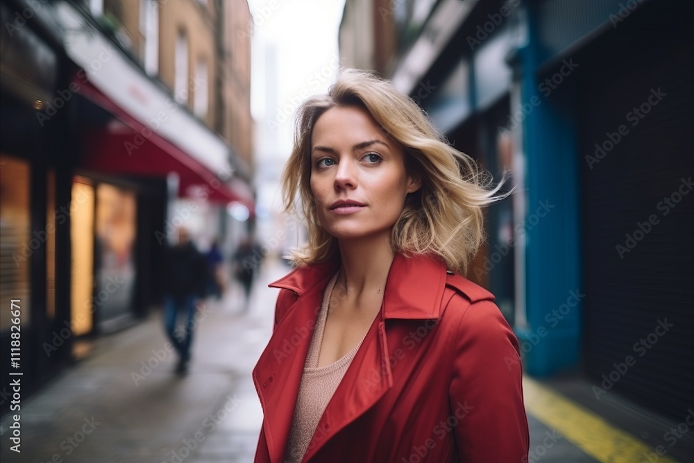 Portrait of a beautiful young woman in red coat walking in the city Portrait of a beautiful young woman in red coat walking in the city