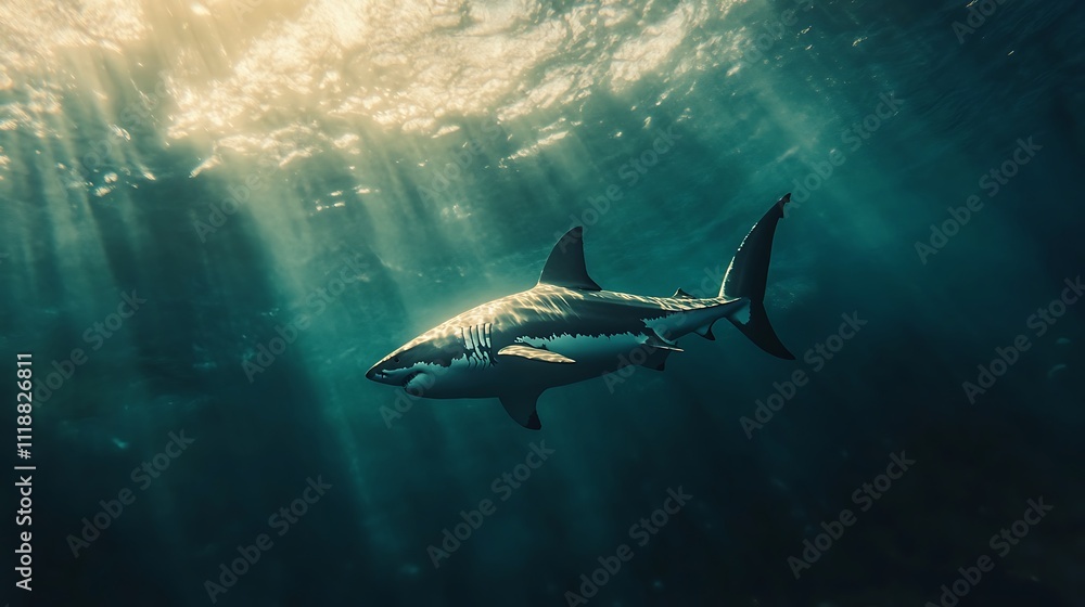 Fototapeta premium Majestic great white shark swimming in sunlit ocean depths.