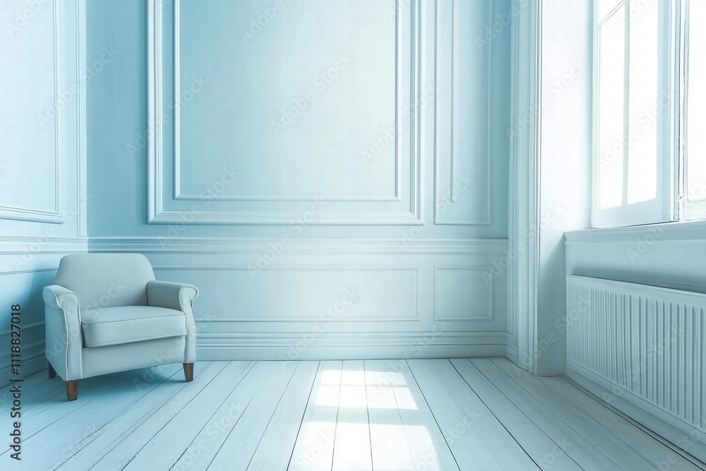 Fototapeta premium Minimalist Blue Room with Elegant Armchair by Generative Ai