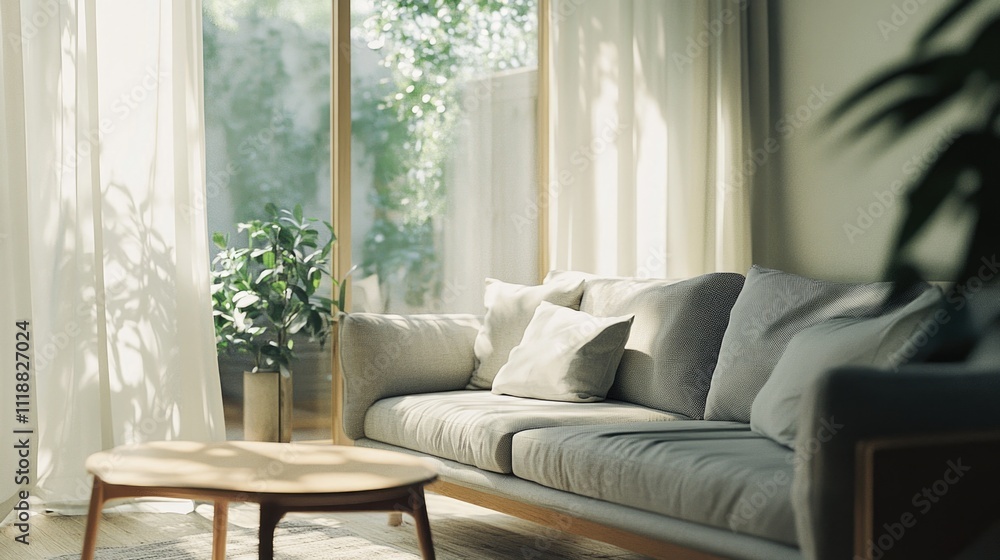 Obraz premium Sunlit space with minimalist design, neutral tones and natural light