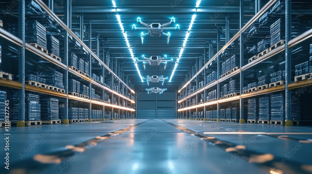 A futuristic warehouse interior with glowing LED lights and drones flying above to organize high-tech inventory A futuristic warehouse interior with glowing LED lights and drones flying above to organize high-tech inventory