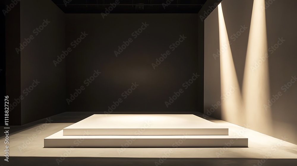 Minimalist white platform in a dark room with spotlights. Minimalist white platform in a dark room with spotlights.