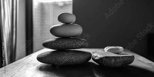 Rock stack on wooden table, symbolizing balance and zen. Organic and aesthetically pleasing home decor. photo