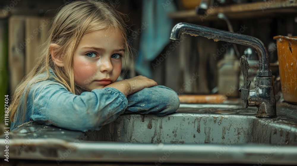 Thoughtful Child at a Rustic Sink Thoughtful Child at a Rustic Sink