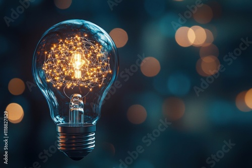 Glowing light bulb with intricate wire design illuminating against a dark bokeh background, representing creativity and inspiration.