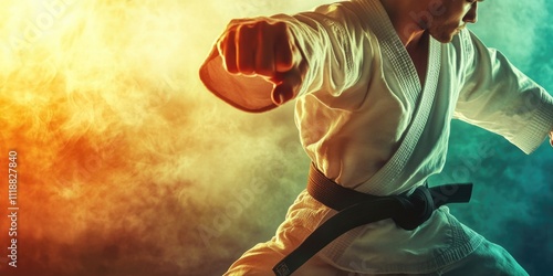 A person practicing martial arts, wearing a karate gi and belt. photo