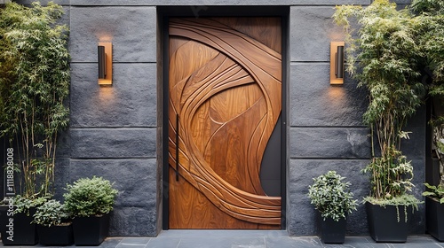 Modern carved walnut entry door in sleek dark stone facade with flanking plants and lights.