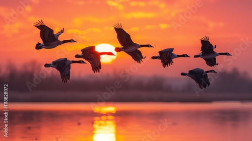 Geese silhouette flying at sunset over lake.