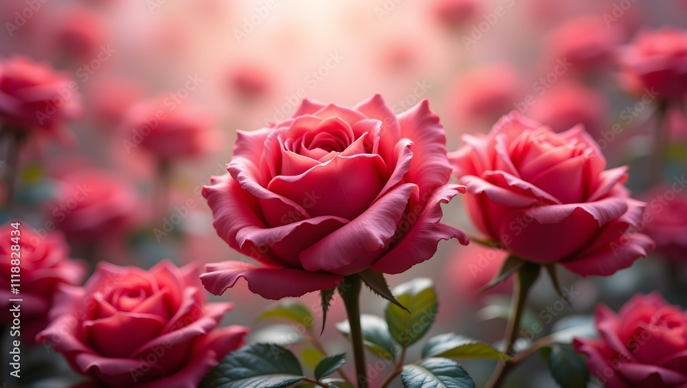 Pink Roses Blooming in the Sunlight: A field of vibrant pink roses bask in the warm glow of the sun, their petals unfurling in a delicate dance, creating a romantic and ethereal atmosphere. Pink Roses Blooming in the Sunlight: A field of vibrant pink roses bask in the warm glow of the sun, their petals unfurling in a delicate dance, creating a romantic and ethereal atmosphere.