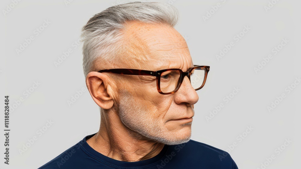 Obraz premium A charming older man in a casual tee exudes confidence and relaxation while striking a thoughtful side pose.