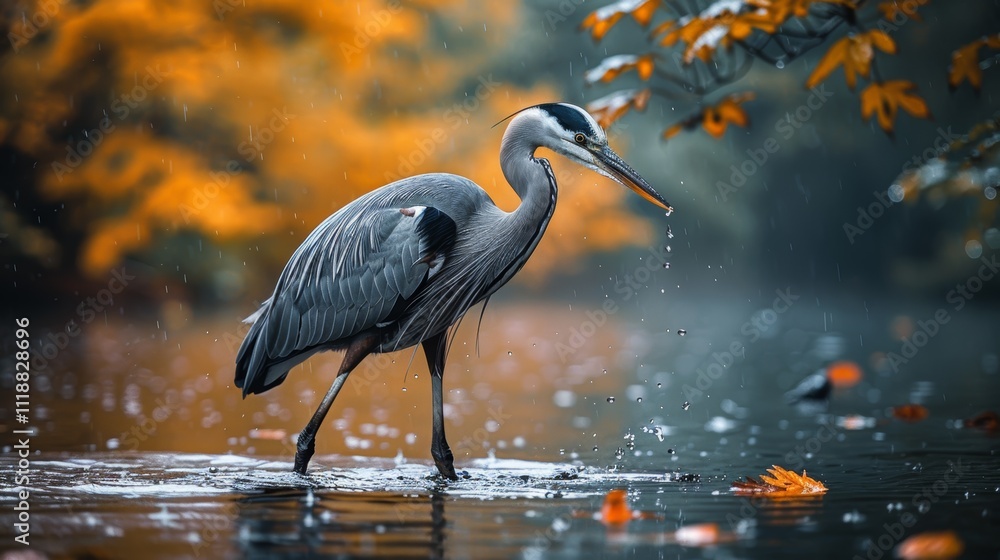 Naklejka premium Great blue heron wading in autumn rain.