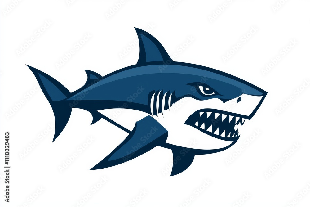 Fototapeta premium Minimalistic vector illustration of a shark logo in blue and white colors on a white background, threatening, aggressive, strong, powerful