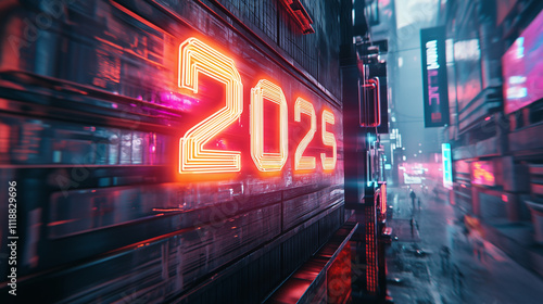 neon style 2025 sign glowing in a futuristic city