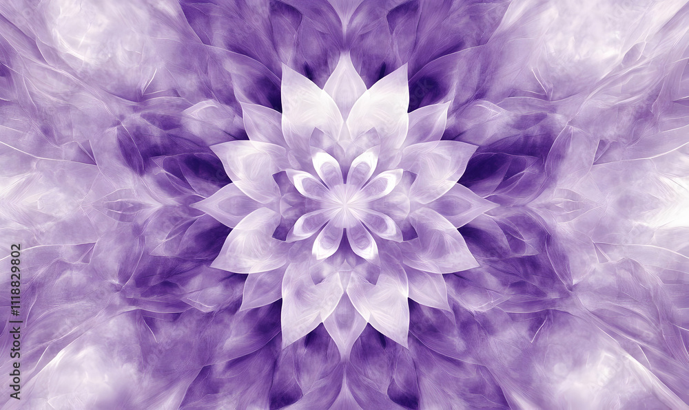 A symmetrical, abstract floral design in shades of purple and white, evoking tranquility. A symmetrical, abstract floral design in shades of purple and white, evoking tranquility.