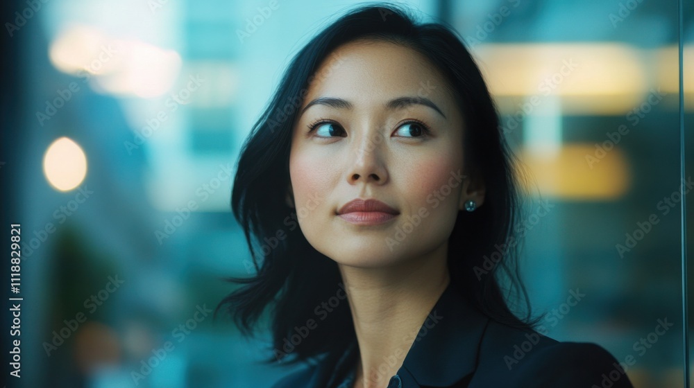 Obraz premium A confident young Asian woman in business attire is captured in a close-up shot. She exudes professionalism and focus, showcasing a modern business look with a strong, determined expression
