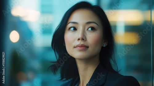 Free Download A confident young Asian woman in business attire is captured in a close-up shot. She exudes professionalism and focus, showcasing a modern business look with a strong, determined expression - GFXLoad