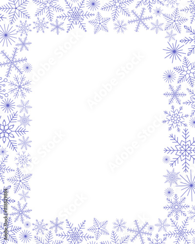 Snowflakes festive Christmas rectangular vertical frame simple hand drawn vector illustration, New Year winter holiday celebration decor, template perfect for invitation, card, poster, banner design