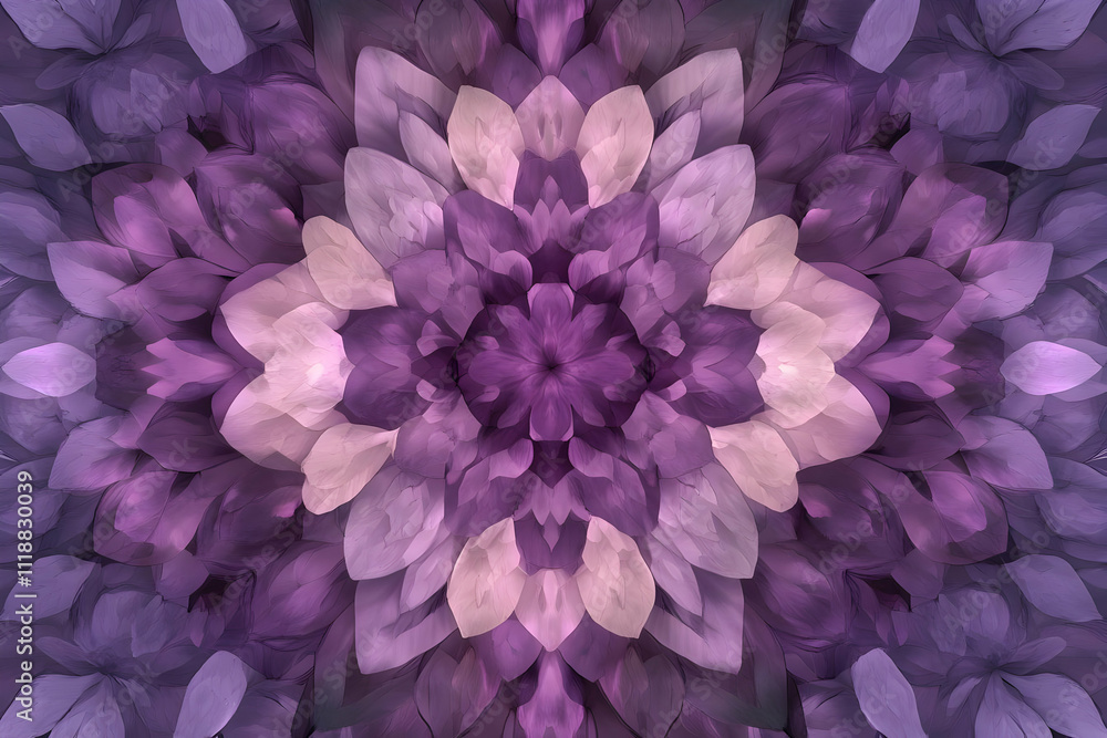 A symmetrical, abstract floral design in shades of purple, creating a calming visual effect. A symmetrical, abstract floral design in shades of purple, creating a calming visual effect.