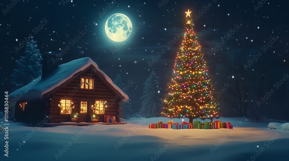 Naklejka premium christmas night in the village, Christmas tree, a house covered in snow and a full moon in the background