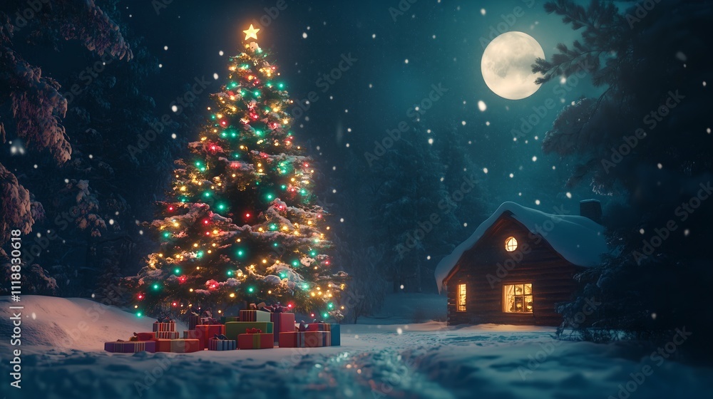 Fototapeta premium christmas night in the village, Christmas tree, a house covered in snow and a full moon in the background