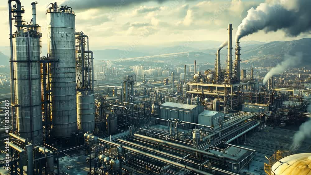 Industrial Complex: A Panoramic View of a Refinery at Sunset Industrial Complex: A Panoramic View of a Refinery at Sunset