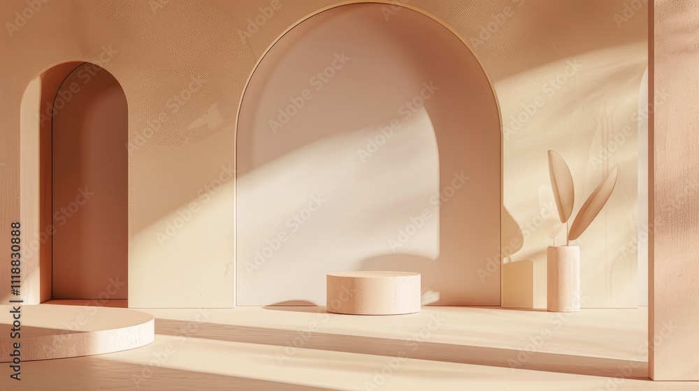 Beige archway room with wooden podium, sunlight, and plant. Beige archway room with wooden podium, sunlight, and plant.