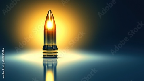 Artistic conceptualization illuminated bullet sculpture in a dimly lit contemporary gallery photo