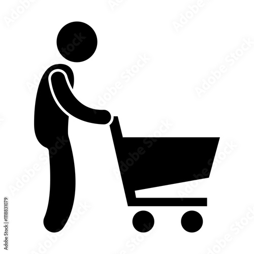 stickman figure shopping. cartoon people pushing trolleys. icon silhouette.