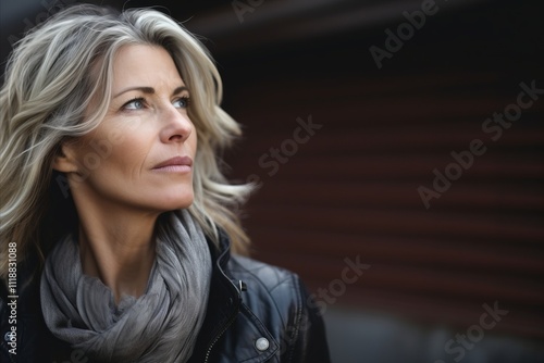 Portrait of a beautiful middle-aged woman in a leather jacket