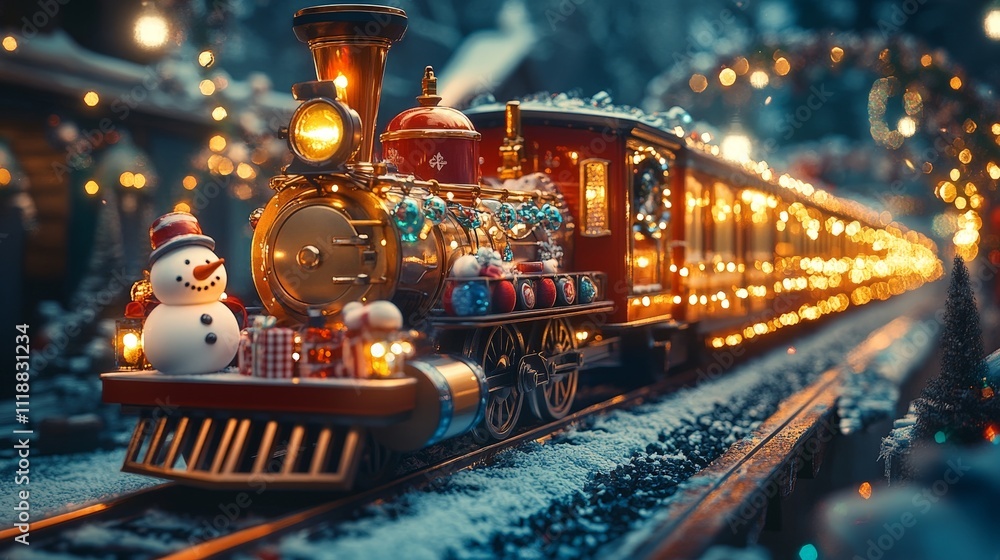 Enchanting Winter Train Journey with Lights, Snowmen, and Holiday Cheer Enchanting Winter Train Journey with Lights, Snowmen, and Holiday Cheer