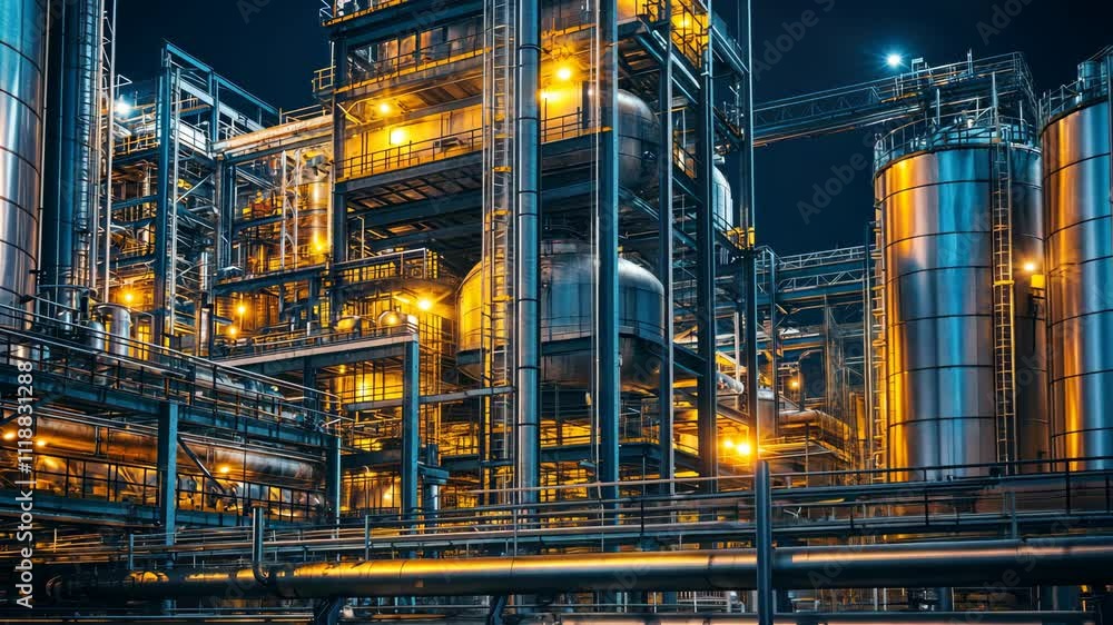 Night View of an Illuminated Industrial Refinery Complex Night View of an Illuminated Industrial Refinery Complex