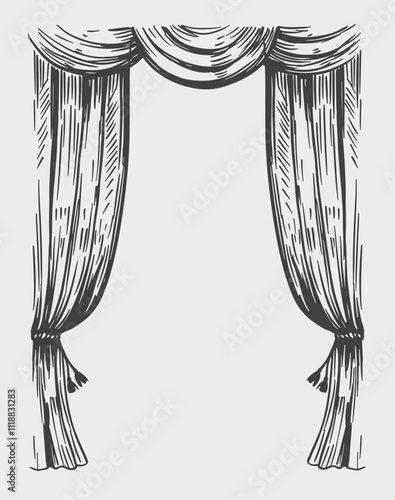 Theater curtain, sketch style, hand drawn vector illustration, monochrome