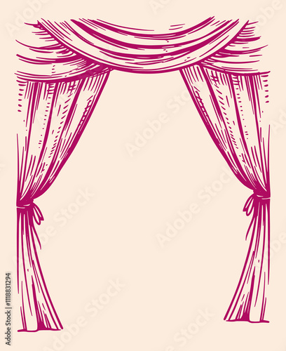 Theater curtain, sketch style, hand drawn vector illustration, monochrome