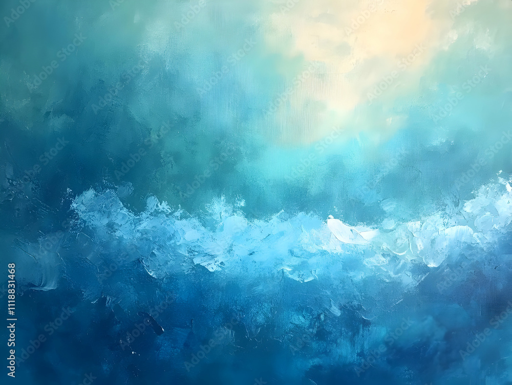 Abstract painting depicting a serene ocean scene with varying shades of blue. Abstract painting depicting a serene ocean scene with varying shades of blue.