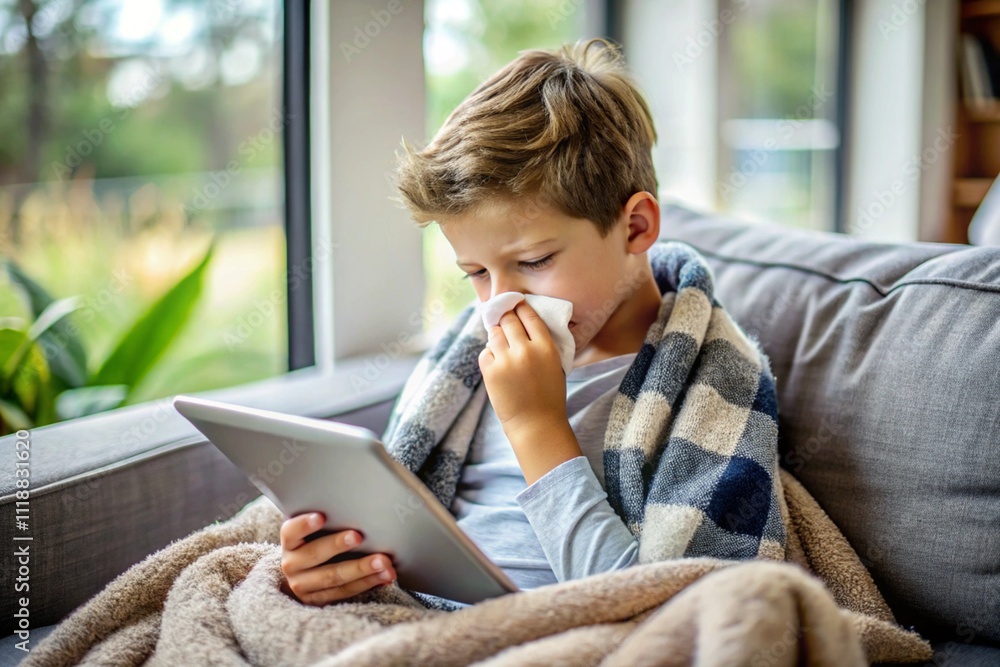 A little boy sitting on the couch, wrapped in a blanket, holding a napkin to his nose with a runny nose. The setting involves rest and recuperation during illness or a cold day indoors. A little boy sitting on the couch, wrapped in a blanket, holding a napkin to his nose with a runny nose. The setting involves rest and recuperation during illness or a cold day indoors.