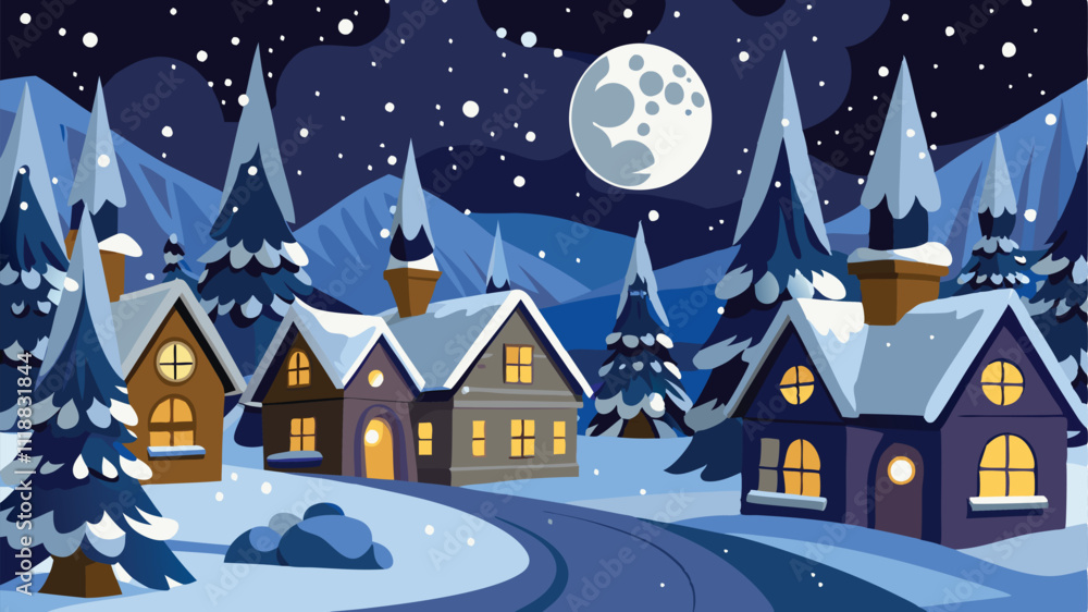 Fototapeta premium Christmas 3d illustration of snow man snowflakes, reindeer, pine tree, sledge, gift boxes snow falling decoration celebration new year winter background 