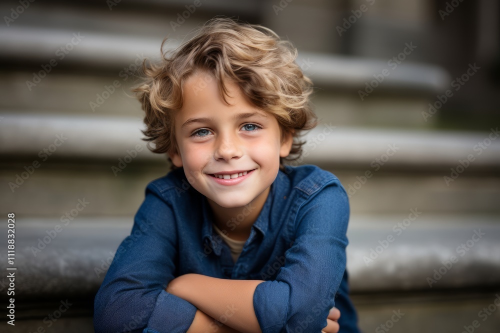 Portrait of a smiling little boy sitting on the steps of a building Portrait of a smiling little boy sitting on the steps of a building