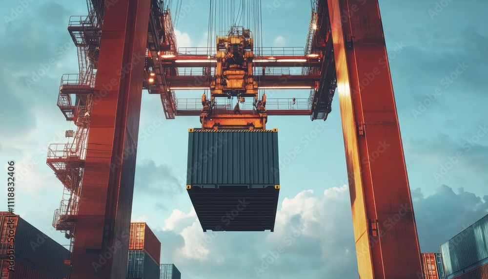 Fototapeta premium Container being lifted at shipping port front view Cargo handling efficiency