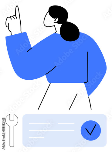 Person pointing upward while standing beside a wrench and completed checklist. Ideal for guidance, instructions, maintenance, planning, quality control, task management, and project execution