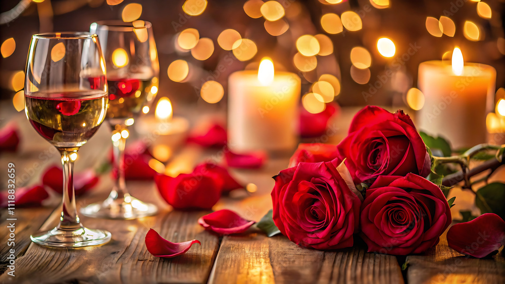 A romantic setup featuring red roses, two glasses of wine, candles, and scattered rose petals on a rustic wooden table with warm bokeh lighting in the background. A romantic setup featuring red roses, two glasses of wine, candles, and scattered rose petals on a rustic wooden table with warm bokeh lighting in the background.